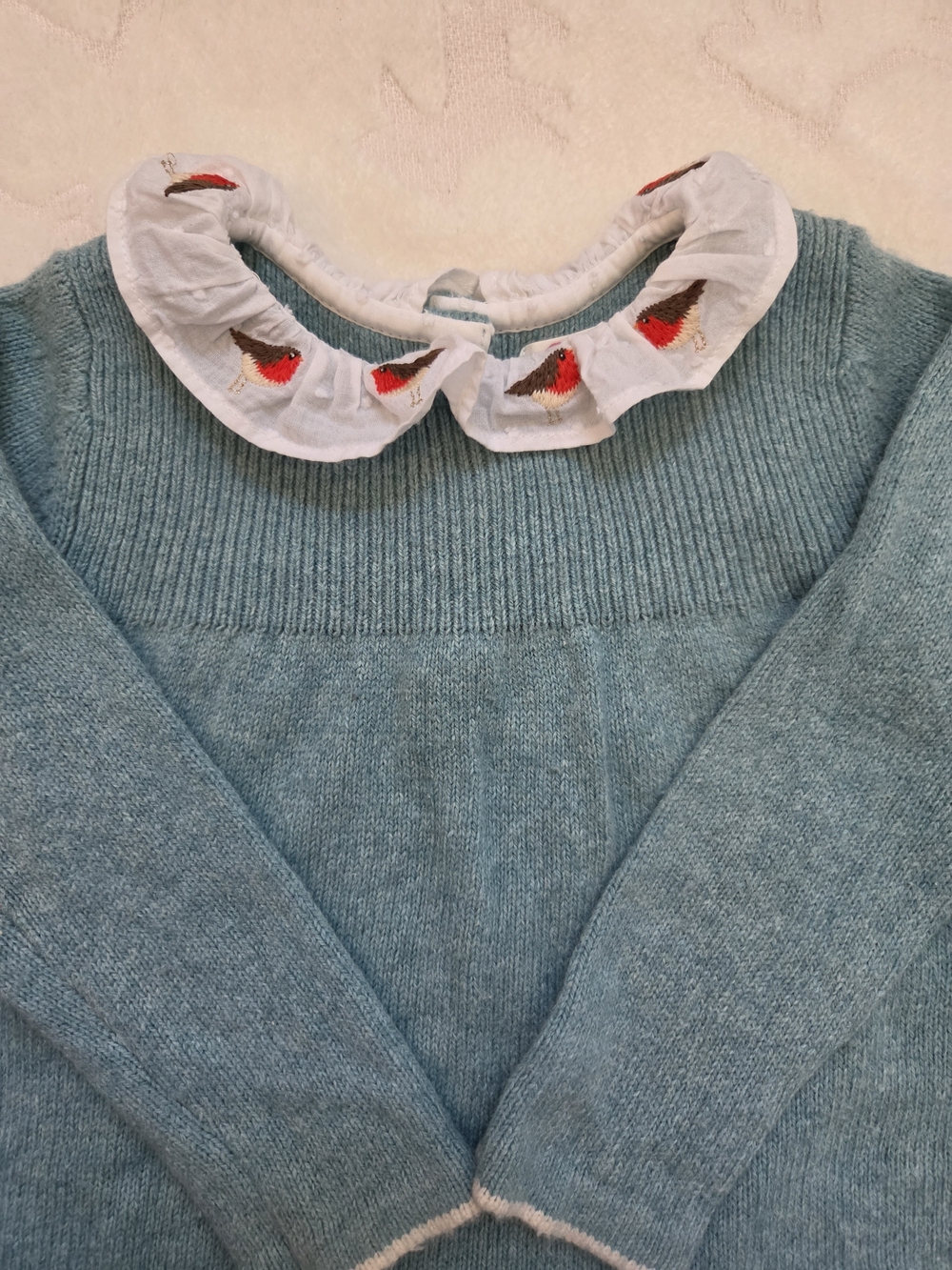 Baby Boden Teal Wool Blend Knit Dress with Red Robin Embroidered Collar 6-12M